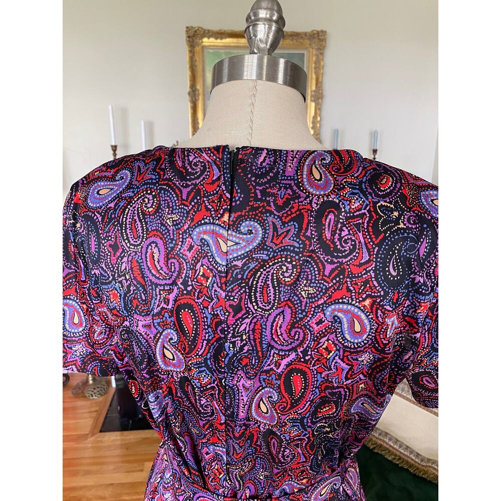 Paisley Pink Purple Vintage Dress, 80s, Matching Belt Neck Tie, CB New York - Picture 5 of 6
